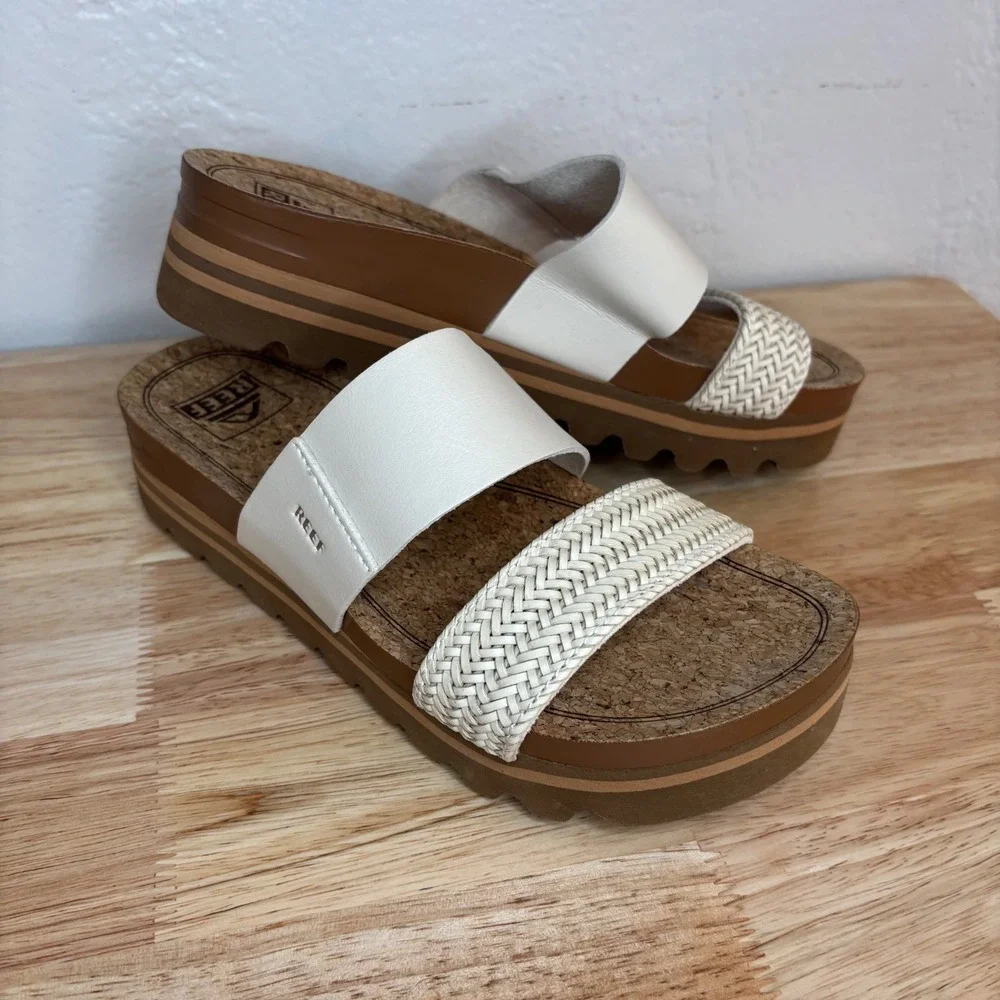 Reef Cushion Vista Hi Sandals Women 6 White Platform Woven Slides